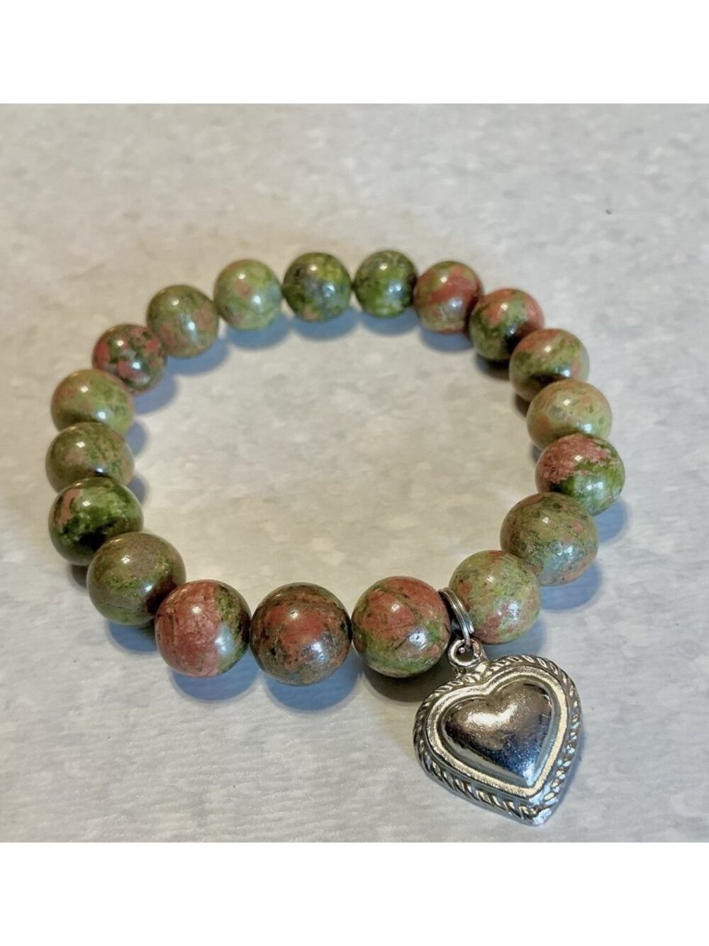 Natural Unakite Gemstone Beaded Stretch 7" Bracelet Green Pink Stone Heart Charm